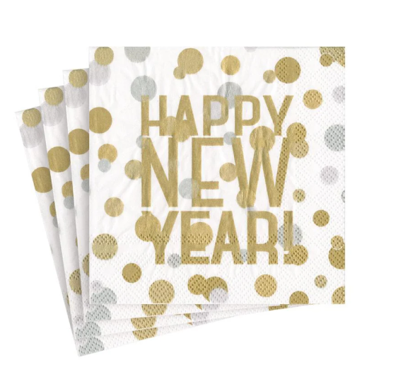 Confetti Happy New Year Paper Cocktail Napkins in White